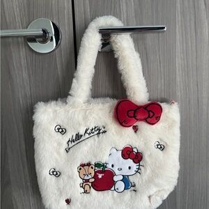 Hello Kitty and Bear Embroidered White Fluffy Tote Bag